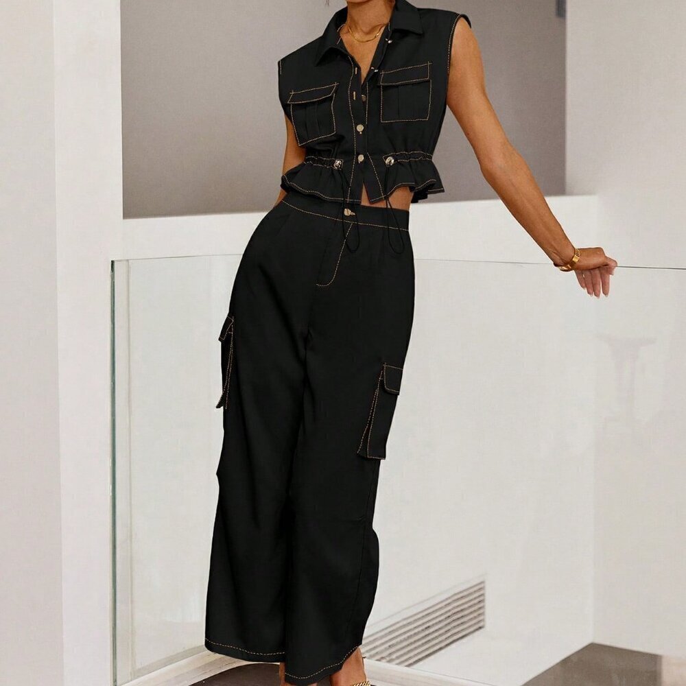 Women's Pocket Drawstring Waist Sleeveless Top And Casual Pants Set